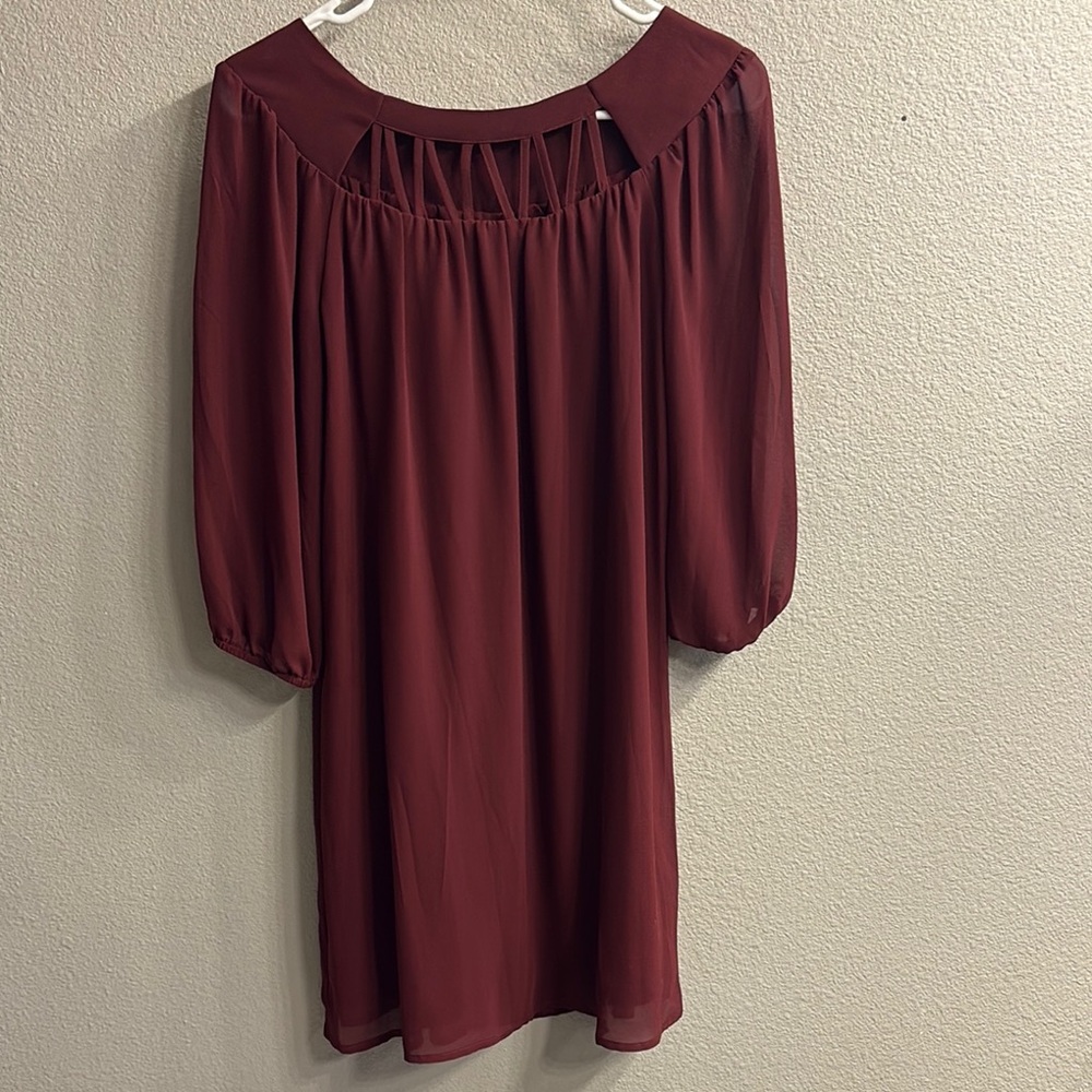 Halo Burgundy Sheer Sleeve Shift Dress Size Small | Boho Mini Dress